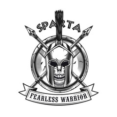 Spartan skull symbol design. Monochrome element with Rome fighter helmet, spears, shield vector illustration with text. Fight or sport club concept for emblems and labels templates