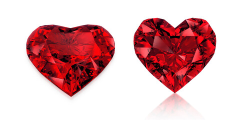 Red heart shaped diamond, isolated on white background. 3D render