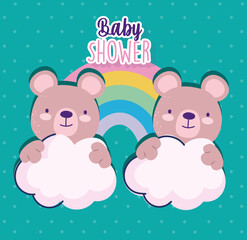 Obraz na płótnie Canvas Baby shower cute bears rainbow and clouds celebration