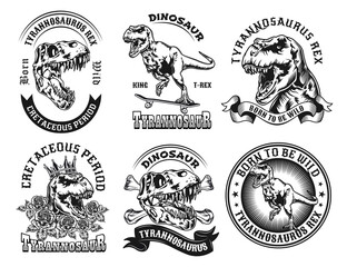 Monochrome labels with tyrannosaur rex vector illustration set. Retro emblems with powerful ancient predator reptile. Archeology and creatures concept can be used for retro template
