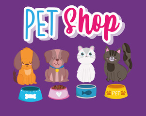 pet shop lettering dogs and cats with food cartoon