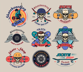 Vintage extreme skateboarding flat labels set. Colored skateboard tattoo with skull, skeleton, tire of wheel and angel wings vector illustration collection. Male beauty and self-care concept