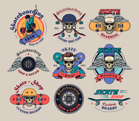 Naklejka premium Vintage extreme skateboarding flat labels set. Colored skateboard tattoo with skull, skeleton, tire of wheel and angel wings vector illustration collection. Male beauty and self-care concept
