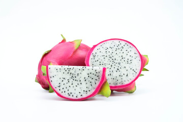 Natural Dragon fruit and a slice , Pitaya or Pitahaya isolated on white background, fruit healthy concept