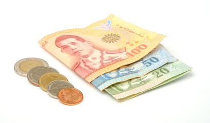 Fototapeta premium close-up Thai Baht Coins on white background. Thailand money