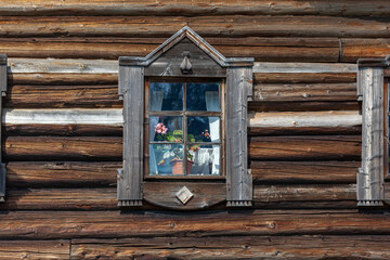 Fragment of old traditional wooden farm house on Kizhi island, a historical site open air, Onega lake, Karelia, Russia