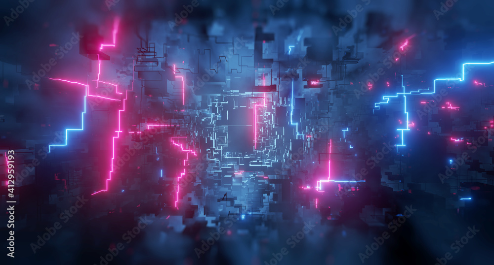 Poster abstract neon tech background. glowing neon circuit. cyberpunk blocks. block chain data network. 3d 