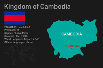 Highly detailed Cambodia map with flag, capital and small map of the world