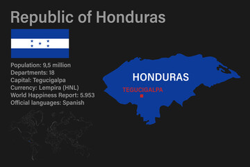 Obraz premium Highly detailed Honduras map with flag, capital and small map of the world