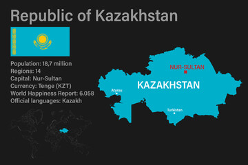 Highly detailed Kazakhstan map with flag, capital and small map of the world