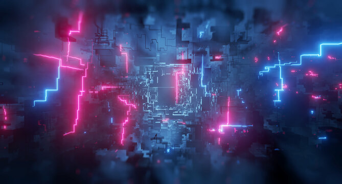 Abstract neon tech background. Glowing neon circuit. cyberpunk blocks. Block chain data network. 3d render