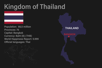Highly detailed Thailand map with flag, capital and small map of the world
