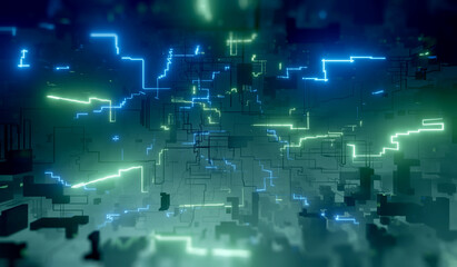abstract electronic engineering and technology background.  Futuristic circuit board with neon electrons.  3D render