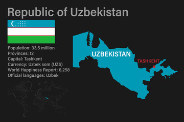 Highly detailed Uzbekistan map with flag, capital and small map of the world