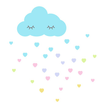 Cute cartoon vector sleeping blue  cloud and colorful hearts drops on white background isolated. Wallsticker set