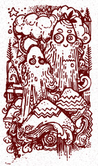 Hand drawn doodle illustration with funny ghosts and snow.