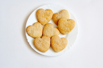 Shortbread cookies in the shape of hearts, top view