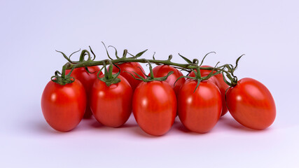 Nine cherry tomatoes on a white background