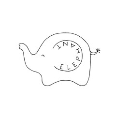 Little elephant with an inscription on the ear. Logo. Vector hand-drawn doodle illustration. Black and white outline. Children's coloring