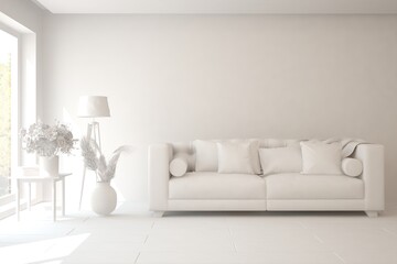 Fototapeta premium White minimalist living room with sofa. Scandinavian interior design. 3D illustration