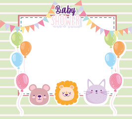 Baby shower lion bear and cat balloons card