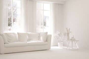 Mock up of minimalist living room in white color with sofa. Scandinavian interior design. 3D illustration