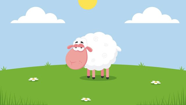White Sheep Cartoon Character Grazing Grass. 4K Animation Video Motion Graphics With Landscape Background
