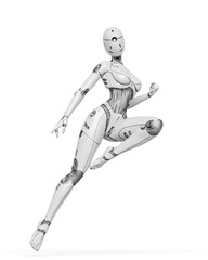 gynoid is the super fembot is doing a comic action pose in white background