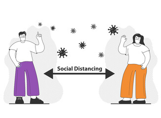 Man and woman wearing surgical mask.Social distancing to prevent coronavirus.Safe space between people.Outline characters vector flat.