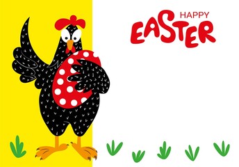 A satisfied black rooster is holding a red egg. Easter card in Scandinavian style. Happy Easter, place for text. Flyer, congratulation, invitation, poster, banner, card, web, packaging.