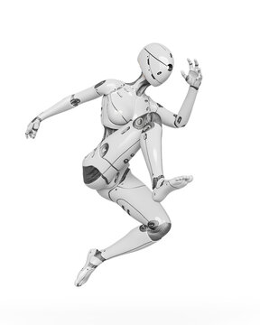 gynoid is the super fembot is jumping in white background
