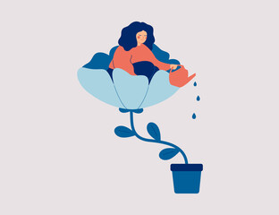 A happy woman sits in the flower and waters it. Smiling girl cares about herself and her future. Concept of love yourself and a healthy lifestyle. Vector illustration. - obrazy, fototapety, plakaty