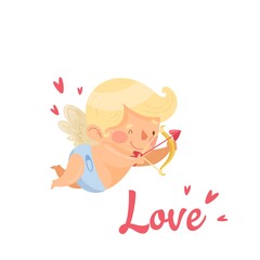 Cute little angel boy with letteiring. Valentines Day card. Vector illustration