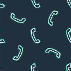 Line Telephone handset icon isolated seamless pattern on black background. Phone sign. Vector.