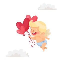 Cute little angel boy in the cloud. Valentines Day card. Vector illustration