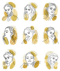 Girl head, woman face and leaves in modern one line style. Continuous line drawing, contour for decor, wall posters, stickers. Floral logo vector illustration.