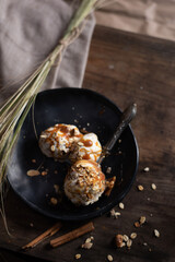 top view homemade ice cream apple and cinnamon with caramel 