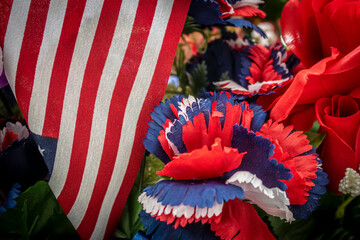 Red White and Blue American Patriotic Background With Flag and Flowers.