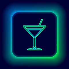 Glowing neon line Martini glass icon isolated on black background. Cocktail icon. Wine glass icon. Colorful outline concept. Vector.