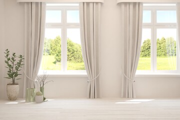 Obraz na płótnie Canvas White living room with sofa and summer landscape in window. Scandinavian interior design. 3D illustration