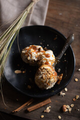 home made ice cream apple and cinnamon caramel top view