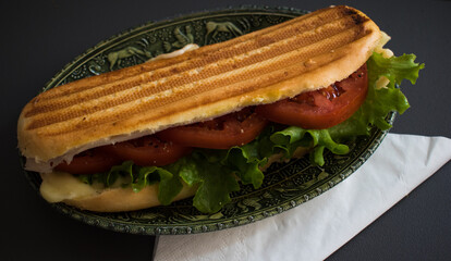 One fresh submarine sandwich in baguette