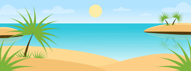 Fototapeta na wymiar Tropical background. Panorama of a tropical sandy beach, ocean coast with palm trees and islands. Vector image in a flat style. Banner.