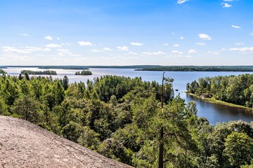 Russia, Lake Ladoga, August 2020. View of the lake from the height of the coastal granite rock.