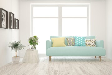 White living room with sofa. Scandinavian interior design. 3D illustration