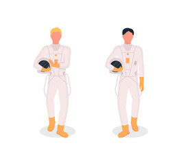 Astronauts flat color vector faceless character set. Starting new international space program. Discovering new horizons isolated cartoon illustration for web graphic design and animation collection