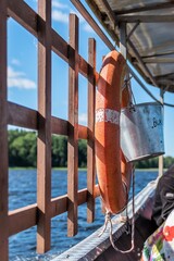 Fototapeta premium Russia, Lake Ladoga, August 2020. Life-saving appliances on board the pleasure boat.