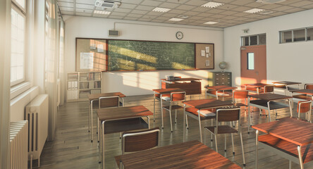 school class with wooden floor, nobody around.