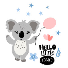 Obraz na płótnie Canvas Image of a cute cartoon koala, ball with inscription - hello little one, in vector graphics on a white background. For postcards, posters, t-shirts, covers, packaging