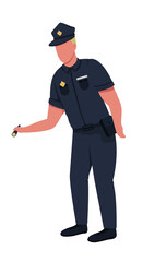 Police officer flat color vector faceless character. Department worker investigating place of crime. Finding criminal process isolated cartoon illustration for web graphic design and animation